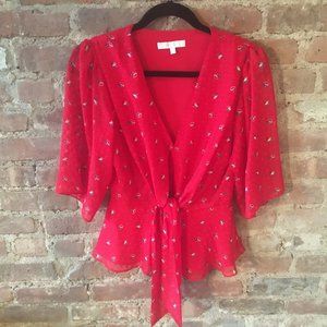 WAYF Red Front Tie Blouse with Floral Detailing